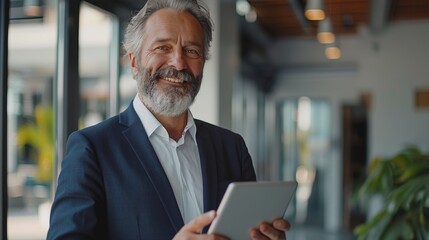 Naklejka premium Businessman smiling in office, using tablet and thinking about generative artificial intelligence.