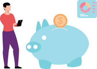 Boy is saving dollar money in piggy bank.