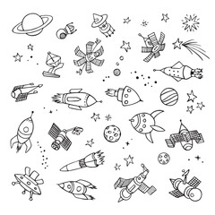 Hand drawn space objects set. Doodle icons. Black and white outline vector illustration.
