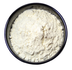 Black container with refined white flour inside. White or transparent background. Zenithal picture