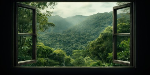 View Of Green Tropical Forest From Rustic Window. Mountainous Landscape Seen From Open Window. Generative AI © sweet_mellow
