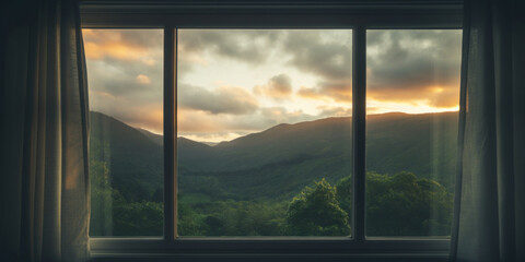 Fototapeta premium Sunrise Over Mountains Through Home Window. Dawn In Hills, Seen From Cozy Interior. Mountain Landscape At Sunrise. Generative AI