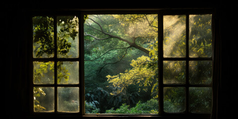 Sunlit Foliage And Branches Framed By Old Window. Lush Greenery In Vintage Window Panes. Generative AI
