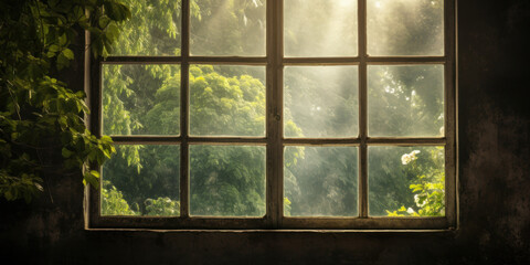 Morning Light Filters Through Vintage Rustic Window With Green Foliage. Generative AI
