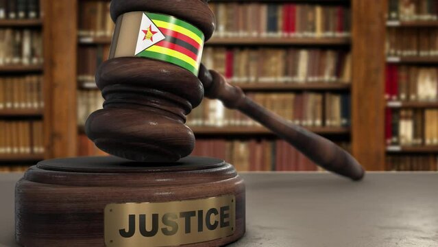 Zimbabwe Flag on Judge Hammer in Court with Word Justice. Justice System Concept
