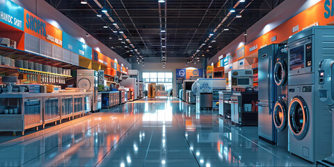 Appliance Superstore Blowout: Appliance store with rows of discounted refrigerators, washers, and kitchen gadgets, showcasing Giant Sale banners