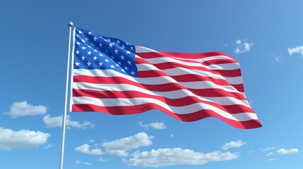 Fototapeta premium USA flag 3d model of a waving . Blue sky background.