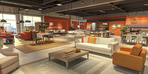 Furniture Warehouse Clearance: Furniture showroom with sofas, beds, and dining sets, featuring Warehouse Clearance Sale and Unbeatable Prices signs