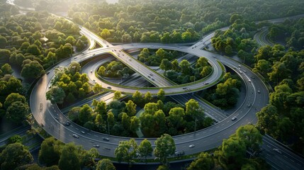 From the top, a multilevel junction ring road is seen with auto traffic at an interchange surrounded by a multilevel junction. Generative AI.