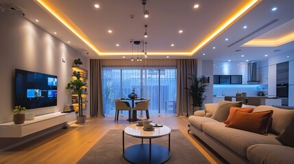 Smart home interior: Showcase a smart home interior with cutting-edge technology seamlessly integrated into the design.