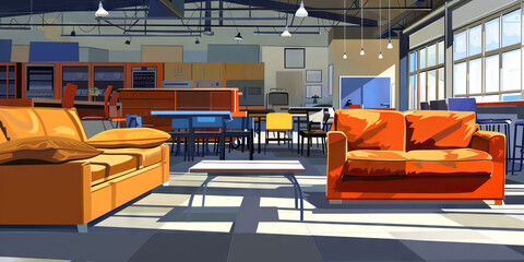 Furniture Warehouse Clearance: Furniture showroom with sofas, beds, and dining sets, featuring Warehouse Clearance Sale and Unbeatable Prices signs