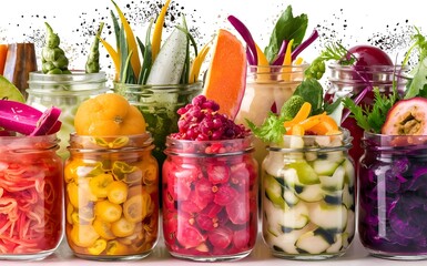 A vibrant collection of assorted fermented foods displayed in clear glass jars, featuring a colorful array of textures and hues from vegetables and fruits, symbolizing healthy probiotic rich cuisine
