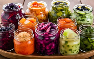 A vibrant collection of assorted fermented foods displayed in clear glass jars, featuring a colorful array of textures and hues from vegetables and fruits, symbolizing healthy probiotic rich cuisine
