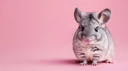 A grey chinchilla sits on a pink background, looking at the camera with a curious expression.