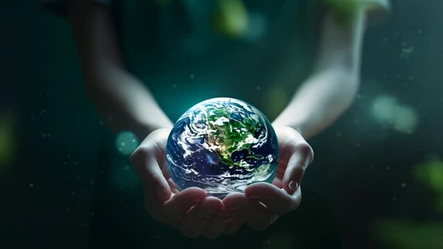 A powerful image of hands gently cradling the Earth, symbolizing the importance of environmental stewardship and global responsibility amidst a backdrop of floating leaves.