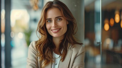 Obraz premium She folds her arms against a wall in the office with a warm pleasant smile. Generative artificial intelligence
