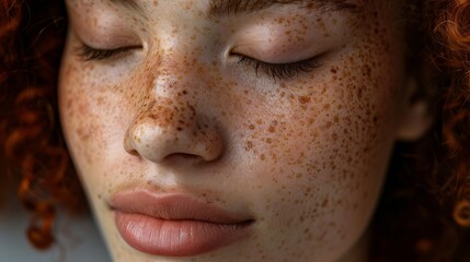 Fototapeta premium An image of a woman with closed eyes showing her freckles in close-up