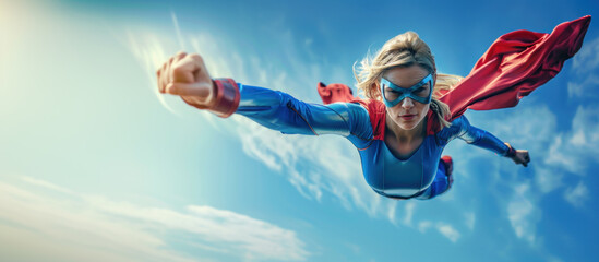 Brave superhero woman flying in sky