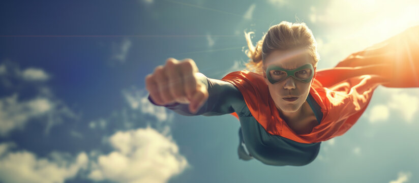Superhero woman flying in blue skies