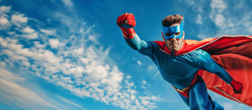 Brave superhero flying in blue skies