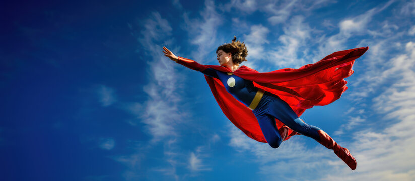 Superhero woman flying in blue skies