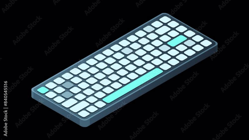 Poster Isometric computer keyboard animation. Personal computer hardware components. Modern computer keyboard. Motion graphic. Transparent background with alpha channel