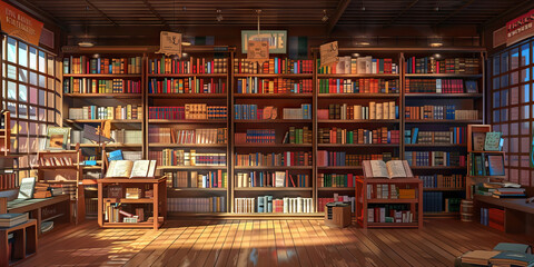 Obraz premium Bookstore Bargain Bonanza: Bookstore with shelves filled with discounted books, bestseller displays, and banners proclaiming Book Blowout Sale.