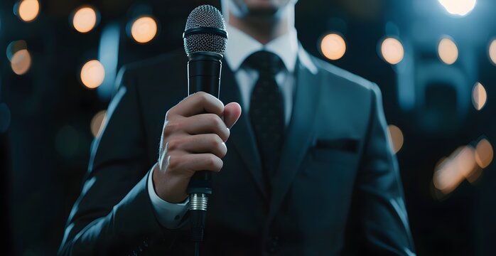 Man in suit holding microphone for speech or interview on stage, blurred background with copy space concept