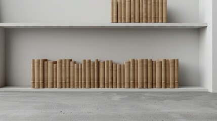 The spine of a book, with an empty front cover, placed on a bookshelf.