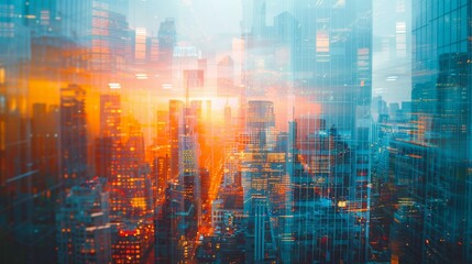 Obraz premium In a double exposure, a modern metropolis is shown with skyscrapers, skyscrapers with social connections, the internet of things, and satellite navigation.