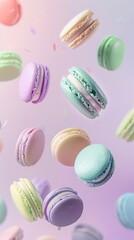 Pastel purple, green, blue, cream and yellow colored macaroons floating in the air