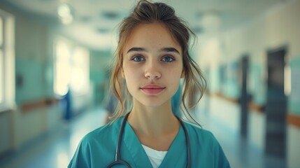 Fototapeta premium A young nurse stands in a hospital in front of the portrait “Your health is fundamental to me”.
