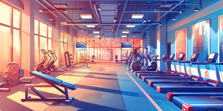 Fitness Center Membership Blitz: Gym interior with workout equipment, trainers, and promotional posters promoting New Year Fitness Sale and Join Now for Discounts.