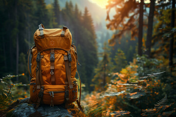Ein Wanderrucksack steht im herbstlichen Gegenlicht in einem Tannenwald. KI generiert