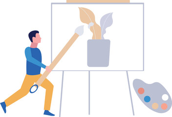 A boy is painting a plant.