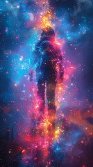 Person in futuristic attire walking through a vibrant cosmic space filled with colorful particles and light, representing a journey through imagination or a sci-fi adventure.