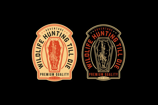 sniper hunting in a coffin badge logo design for wildlife adventure sport business