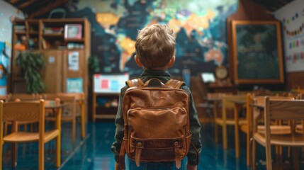 Obraz premium Image of a boy kid entering the classroom with his backpack, back to school concept