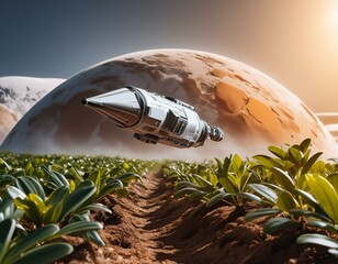 futuristic landscape of a spaceship flying over a crop on a planet in a distant solar system