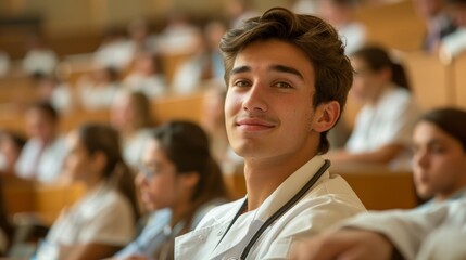 Photograph of a medical student in a packed lecture hall