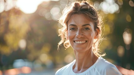 Smiley woman in her 40s or 50s wearing white shirt at start line of run during sunny day outdoors doing outdoor sports