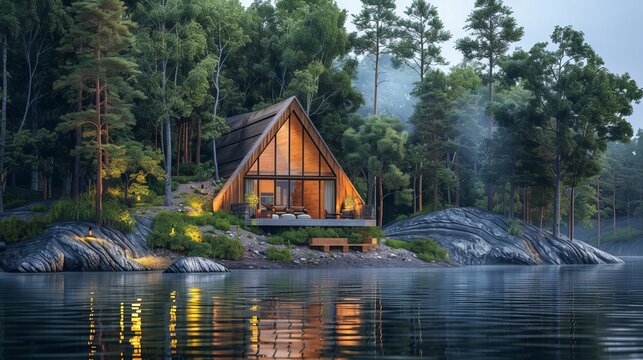 A frame lake house or cabin isolated on the island of a small lake