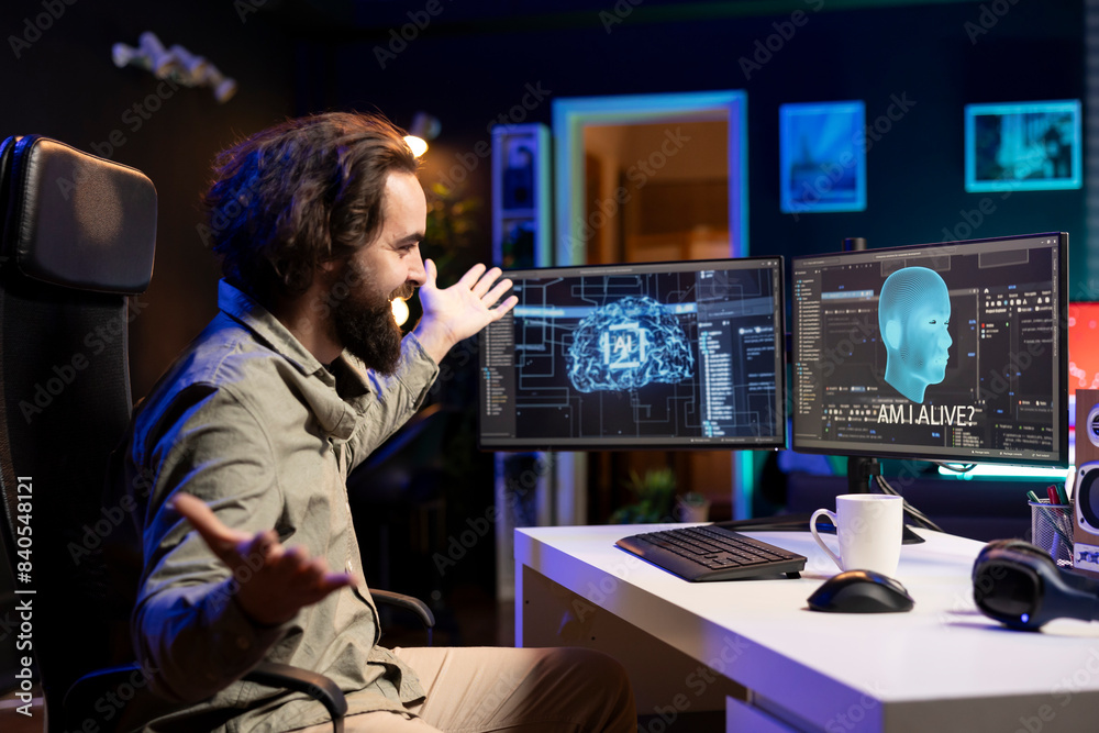 Poster joyful computer technician celebrating after awakening sentient ai asking existential questions. ecs