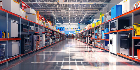 Home Improvement Spectacular: Home improvement store with aisles of discounted appliances, tools, and furniture, showcasing Big Sale Event signage