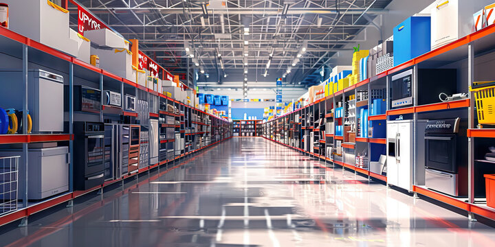 Home Improvement Spectacular: Home improvement store with aisles of discounted appliances, tools, and furniture, showcasing Big Sale Event signage