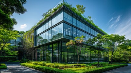 Fototapeta premium A modern glass building with a lot of green plants, trees, and bushes for a business architecture that is environmentally friendly and eco-friendly
