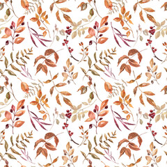 Obraz premium Watercolor autumn leaves and foliage seamless pattern on white background. Botanical fall wallpaper.