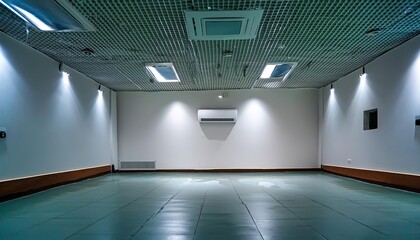 An empty modern office room with white walls and a ceiling air conditioner. The room features a grid ceiling and tiled floor, providing a clean and minimalist aesthetic. 