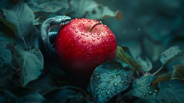 An original sin apple next to a snake in an apple tree