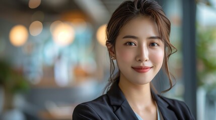 Naklejka premium A smiling elegant confident young business woman from Korea. She is an elegant and confident young professional with a sense of pride in her accomplishments. She is a female proud leader, a smart